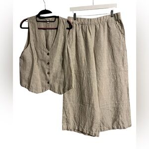 Garnet Hill Linen Set Wide Leg Cropped Trousers V Neck Vest